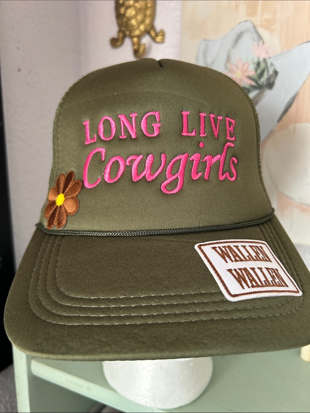 Wallen Wallen Olive 'Long Live Cowgirls' Trucker Hat with Pink Embroidery